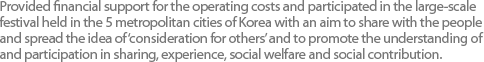 Provided financial support for the operating costs and participated in the large-scale festival held in the 5 metropolitan cities of Korea with an aim to share with the people and spread the idea of ‘consideration for others’ and to promote the understanding of and participation in sharing, experience, social welfare and social contribution.