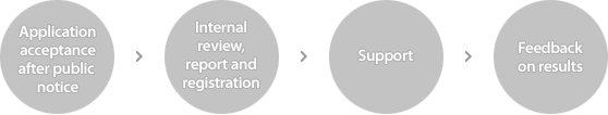 Application acceptance after public notice -> Internal review, report and registration -> Support -> Feedback on results