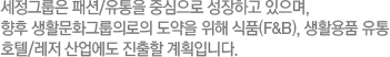 세정그룹은 패션/유통을 중심으로 성장하고 있으며, 향후 생활문화그룹의로의 도약을 위해 식품(F&B), 생활용품 유통 호텔/레저 산업에도 진출할 계획입니다.